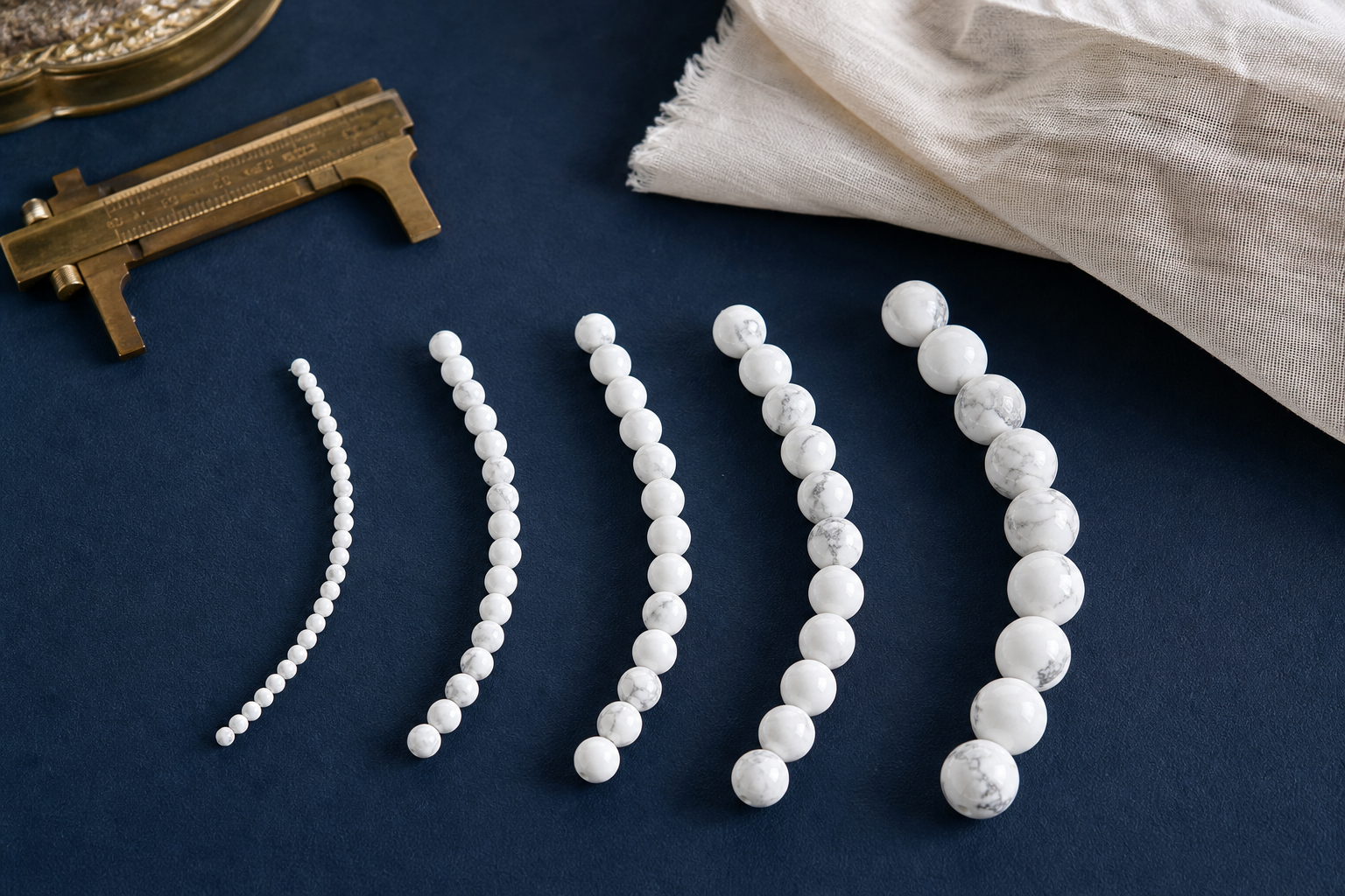 Cinq diamètres de perles en howlite comparés sur fond bleu nuit