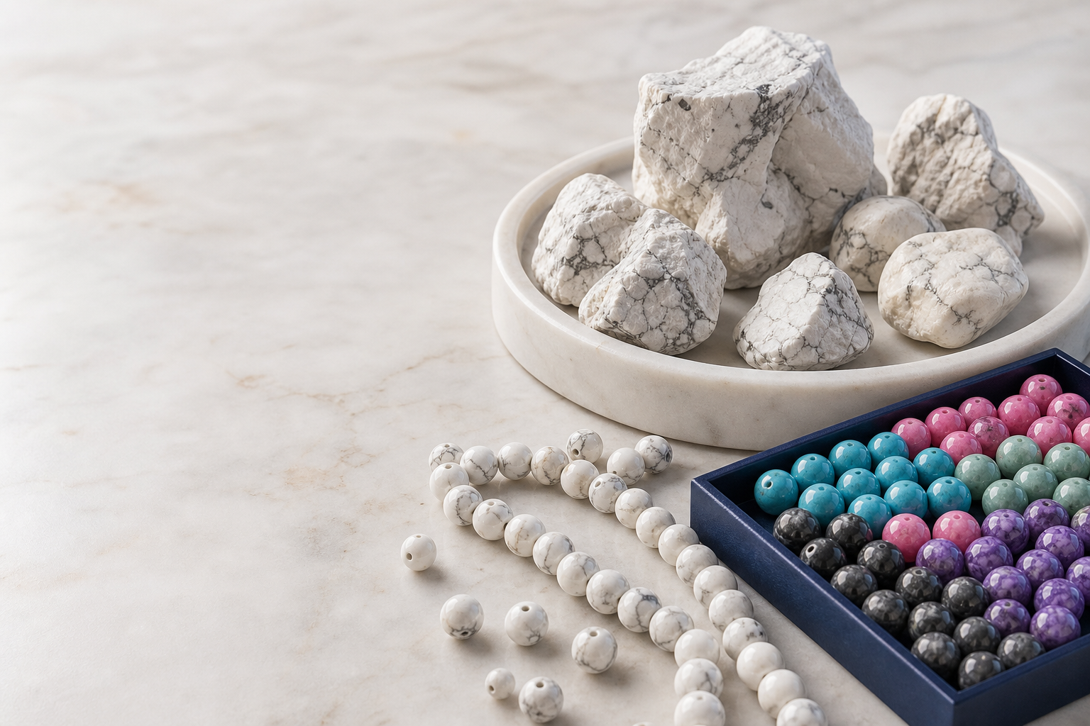 Howlite naturelle blanche et palette de howlite teintée