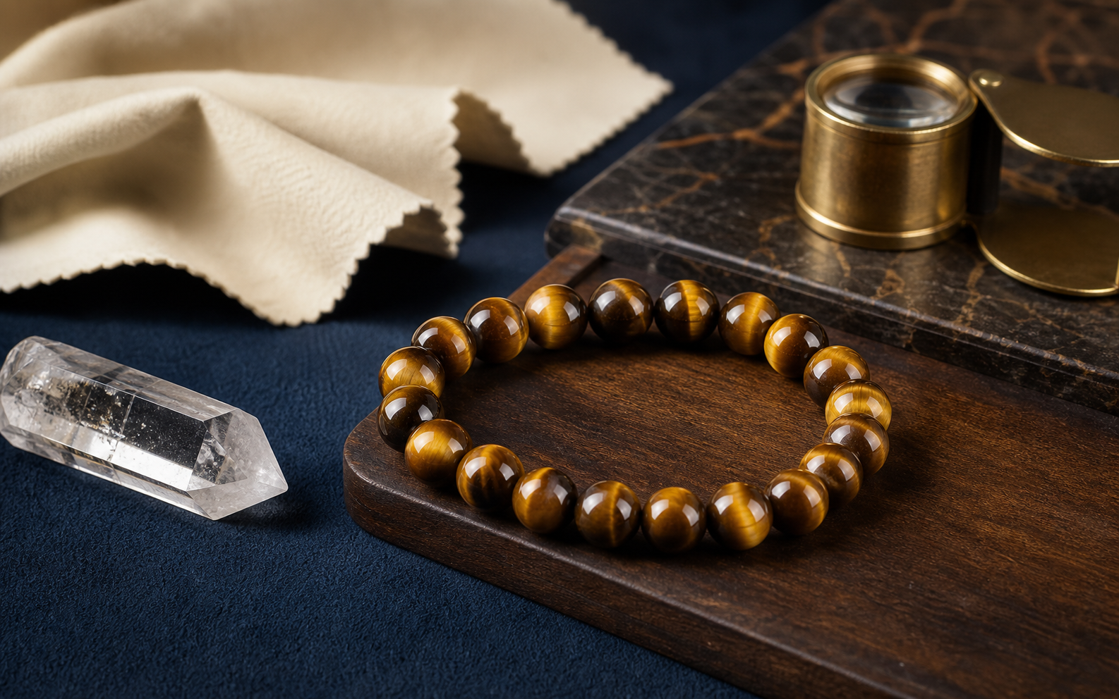 Bracelet en œil de tigre, quartz et loupe illustrant la dureté de la pierre