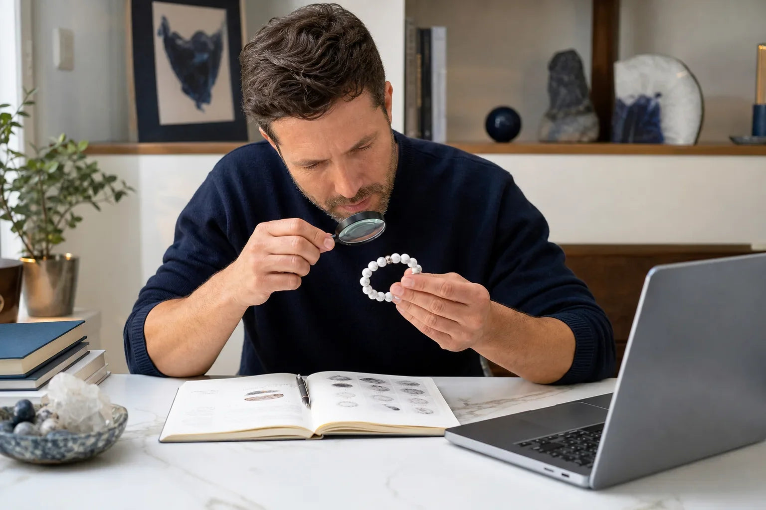 Adulte examinant un bracelet en howlite avec une loupe et des sources documentaires