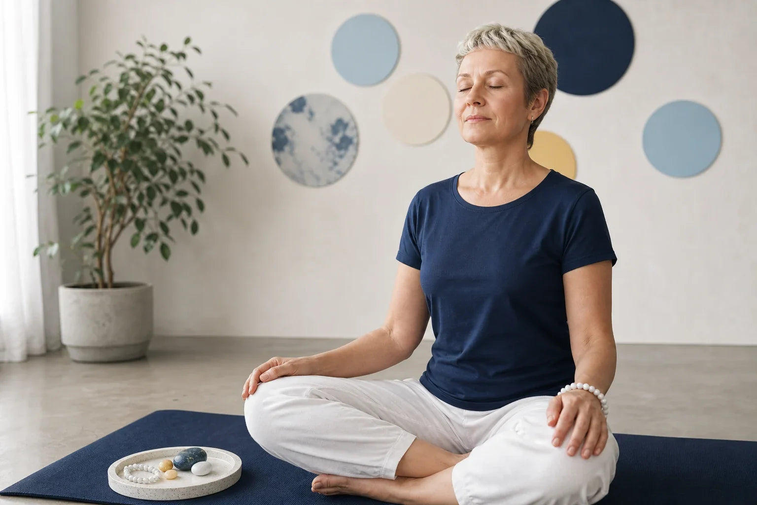 Méditation contemporaine avec bracelet en howlite et repères colorés décoratifs
