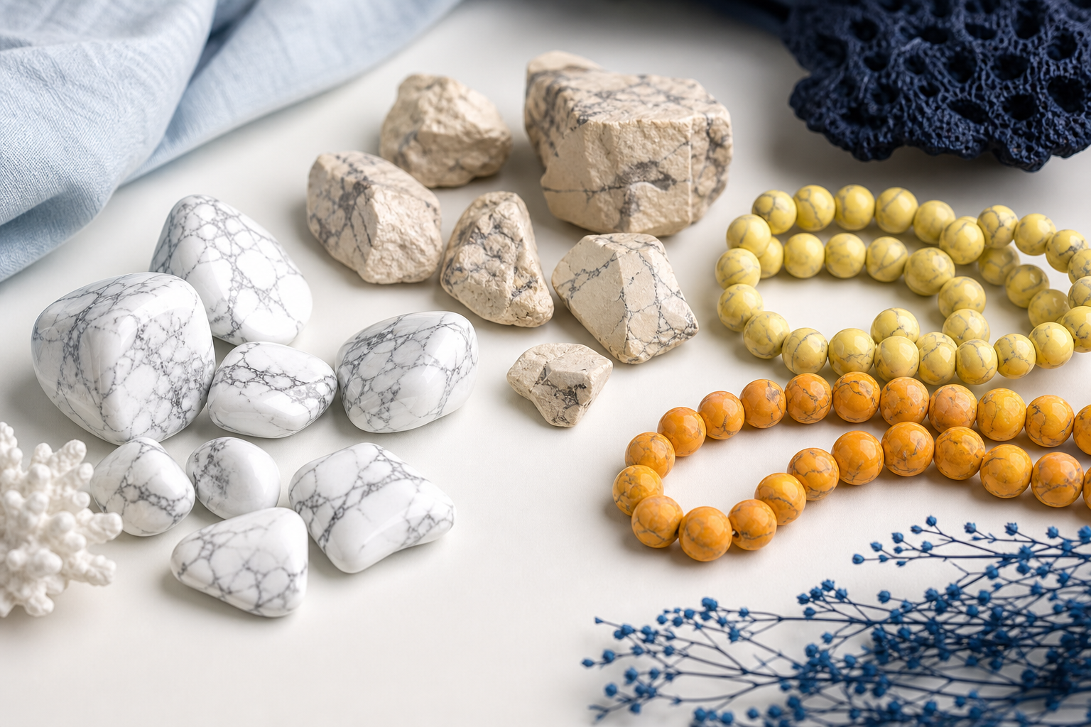Howlite blanche, beige, jaune et orange comparée sous lumière neutre