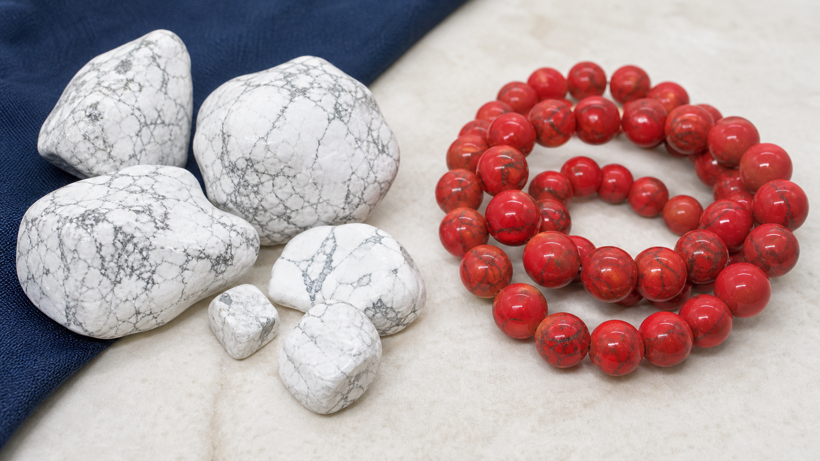 Comparaison entre howlite naturelle blanche et howlite rouge teintée