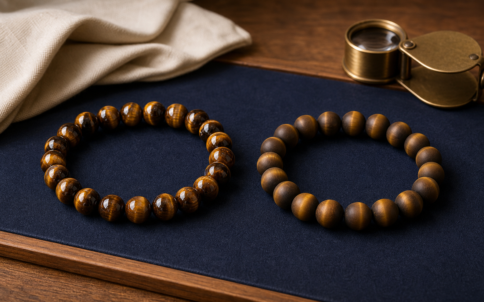 Bracelets en œil de tigre mat et brillant comparés côte à côte