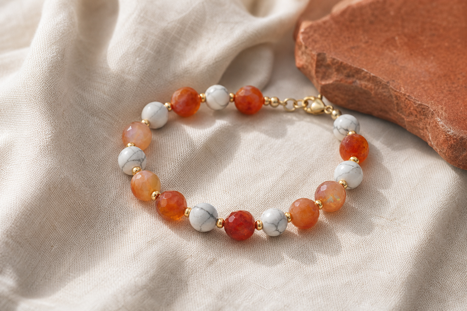 Bracelet associant opale de feu orange et howlite blanche