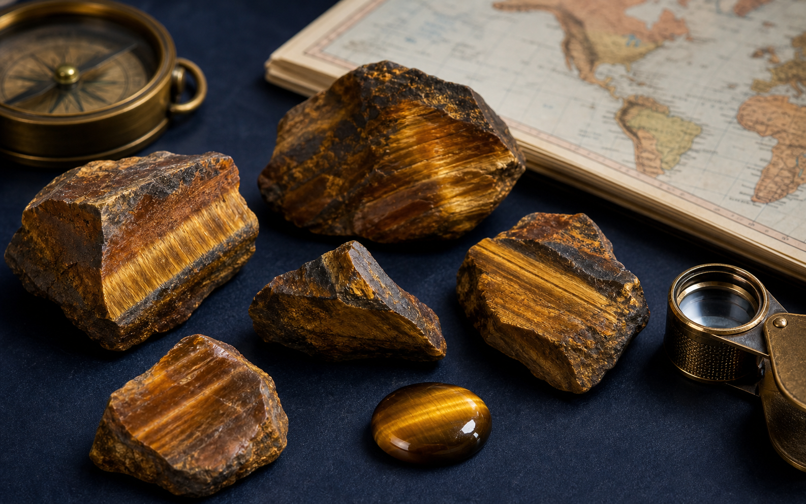 Spécimens bruts et cabochon d’œil de tigre avec une carte et une boussole