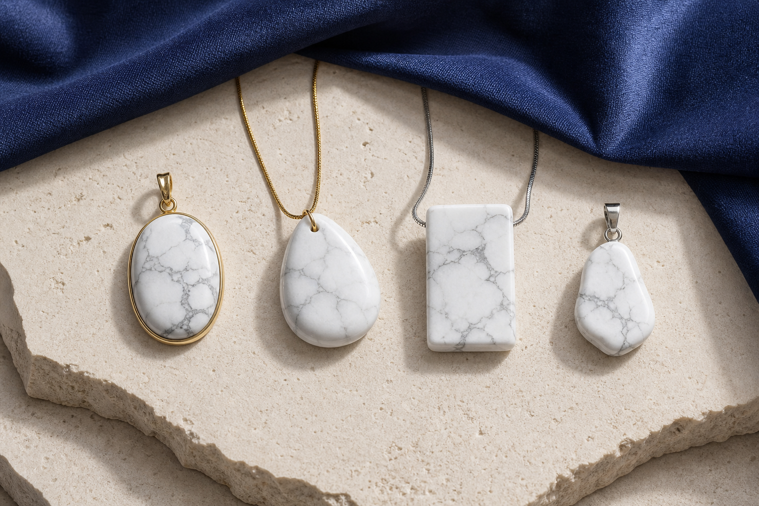 Quatre pendentifs en howlite de formes et montages différents