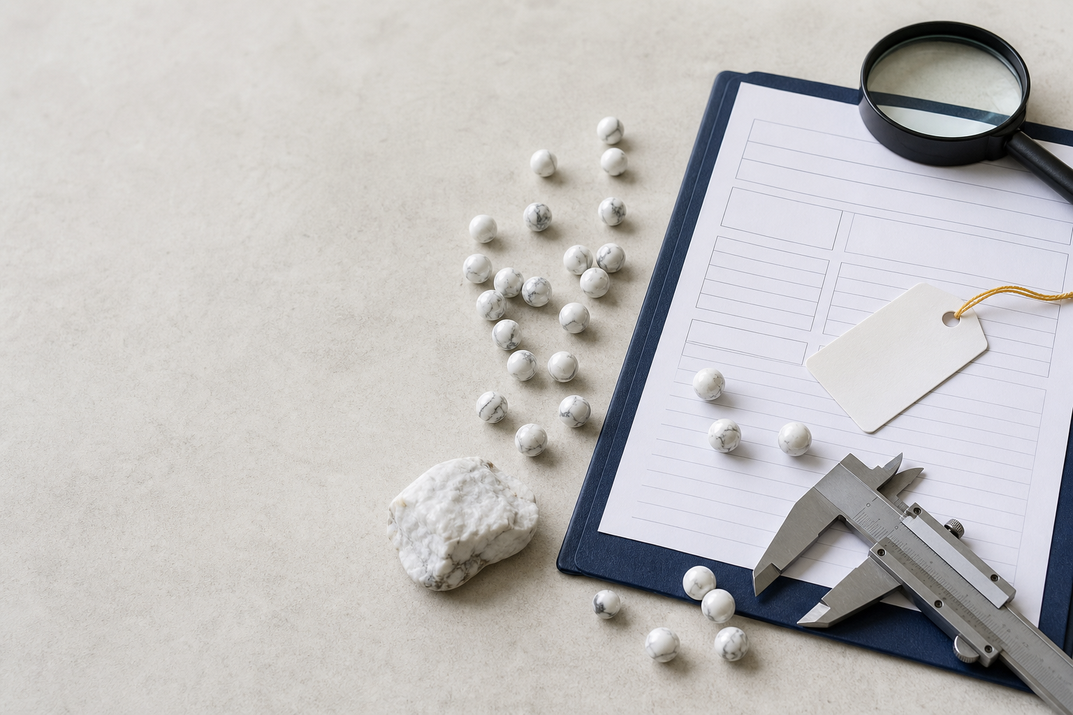 Howlite blanche et dossier de traçabilité pour vérifier une provenance commerciale