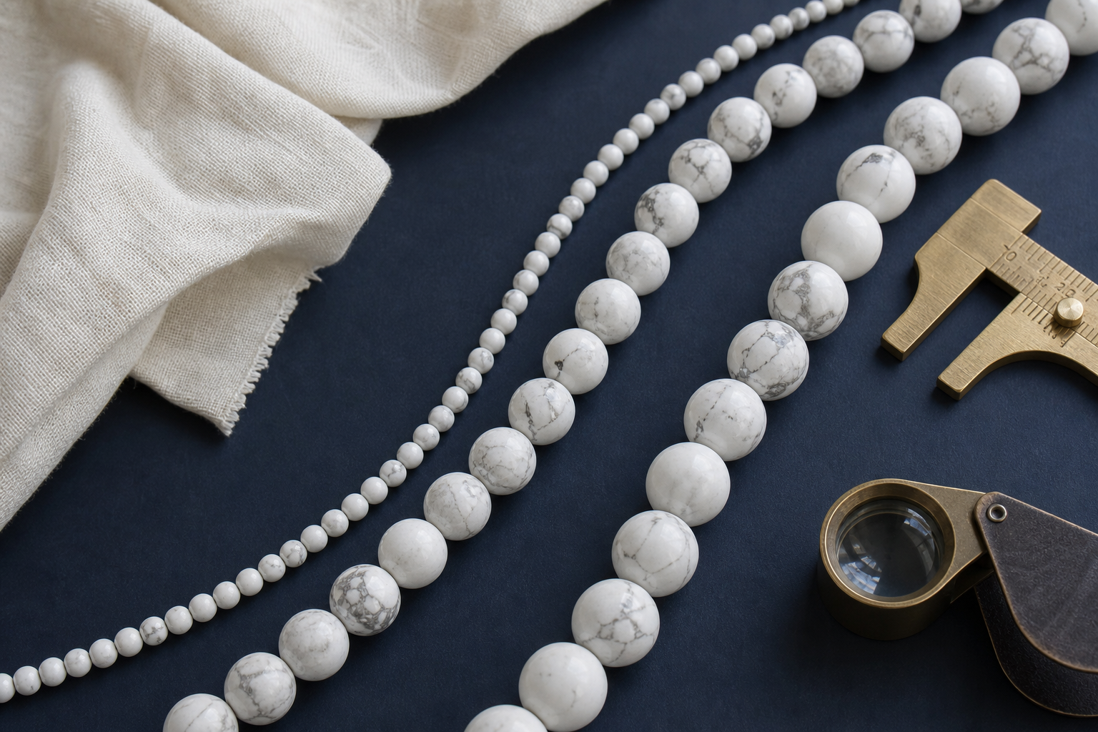 Fils de perles en howlite triés par diamètre avec outils de contrôle