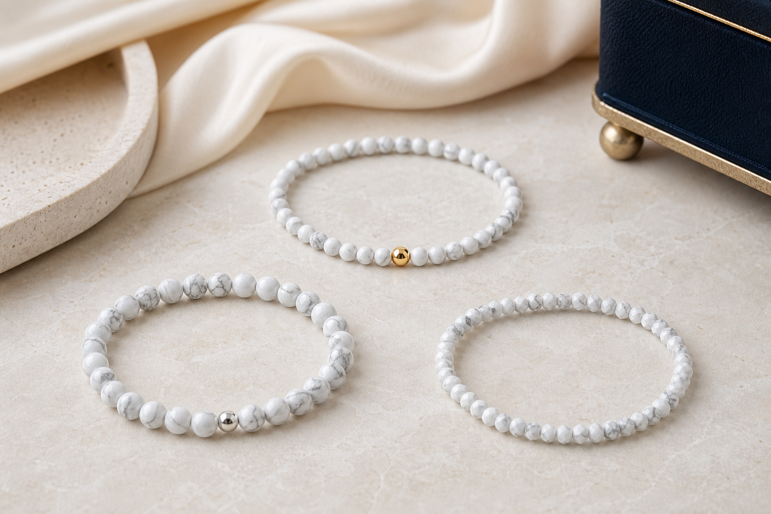 Trois bracelets féminins en howlite avec finitions dorée, argentée et facettée
