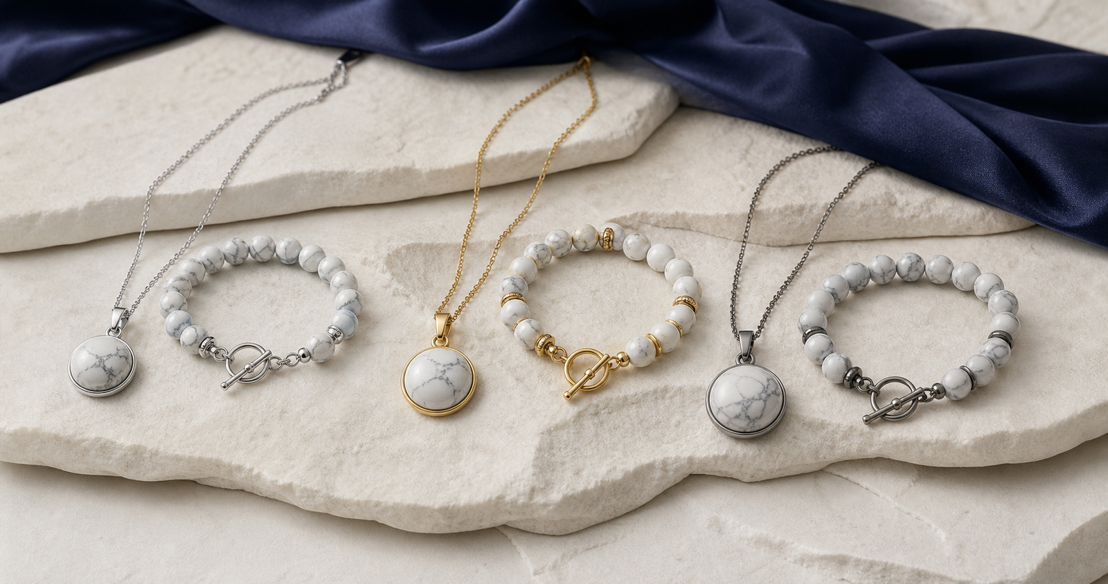 Bijoux en howlite comparant finitions argentée, dorée et acier inoxydable