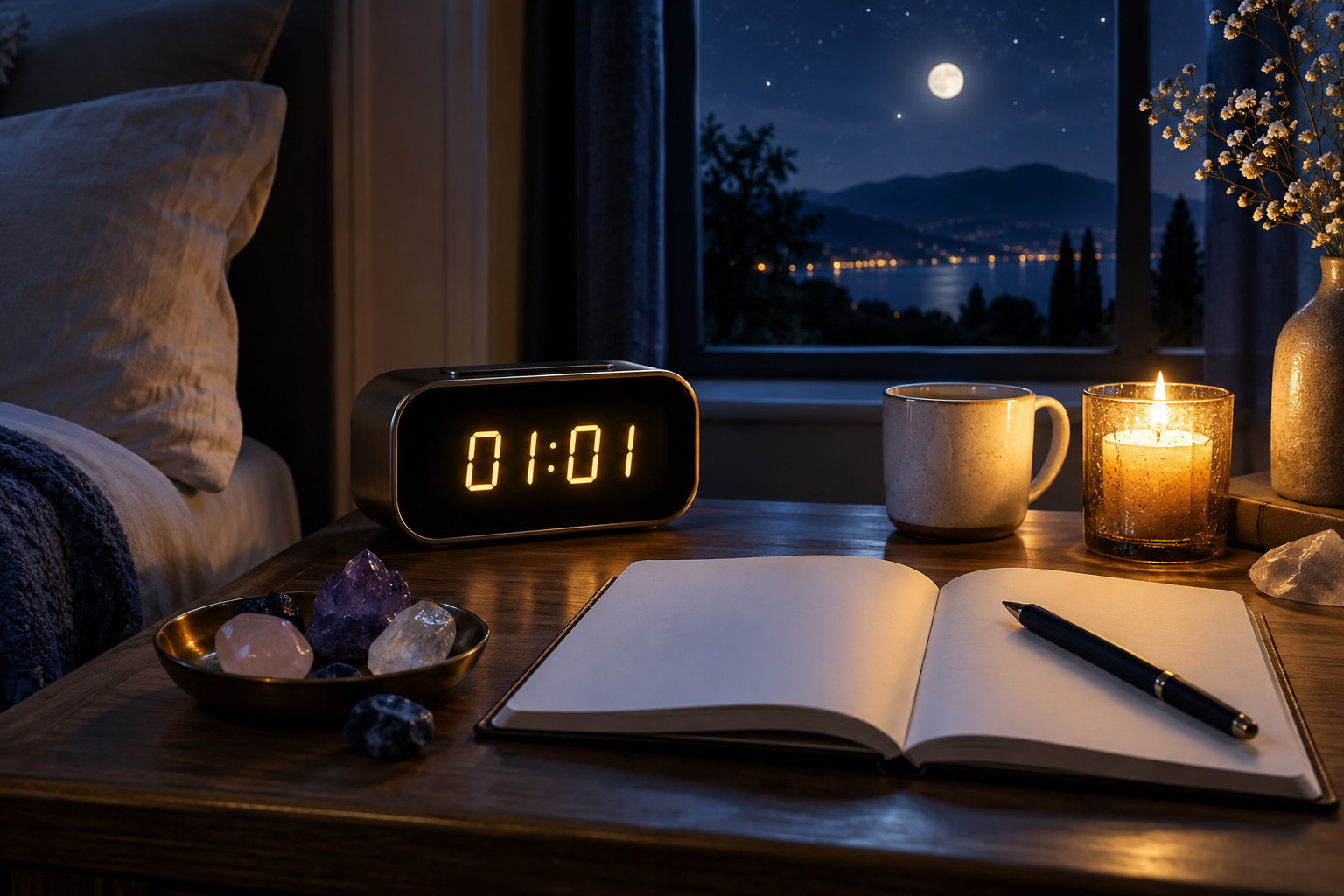 Horloge affichant 01h01, carnet et pierres naturelles dans une ambiance nocturne