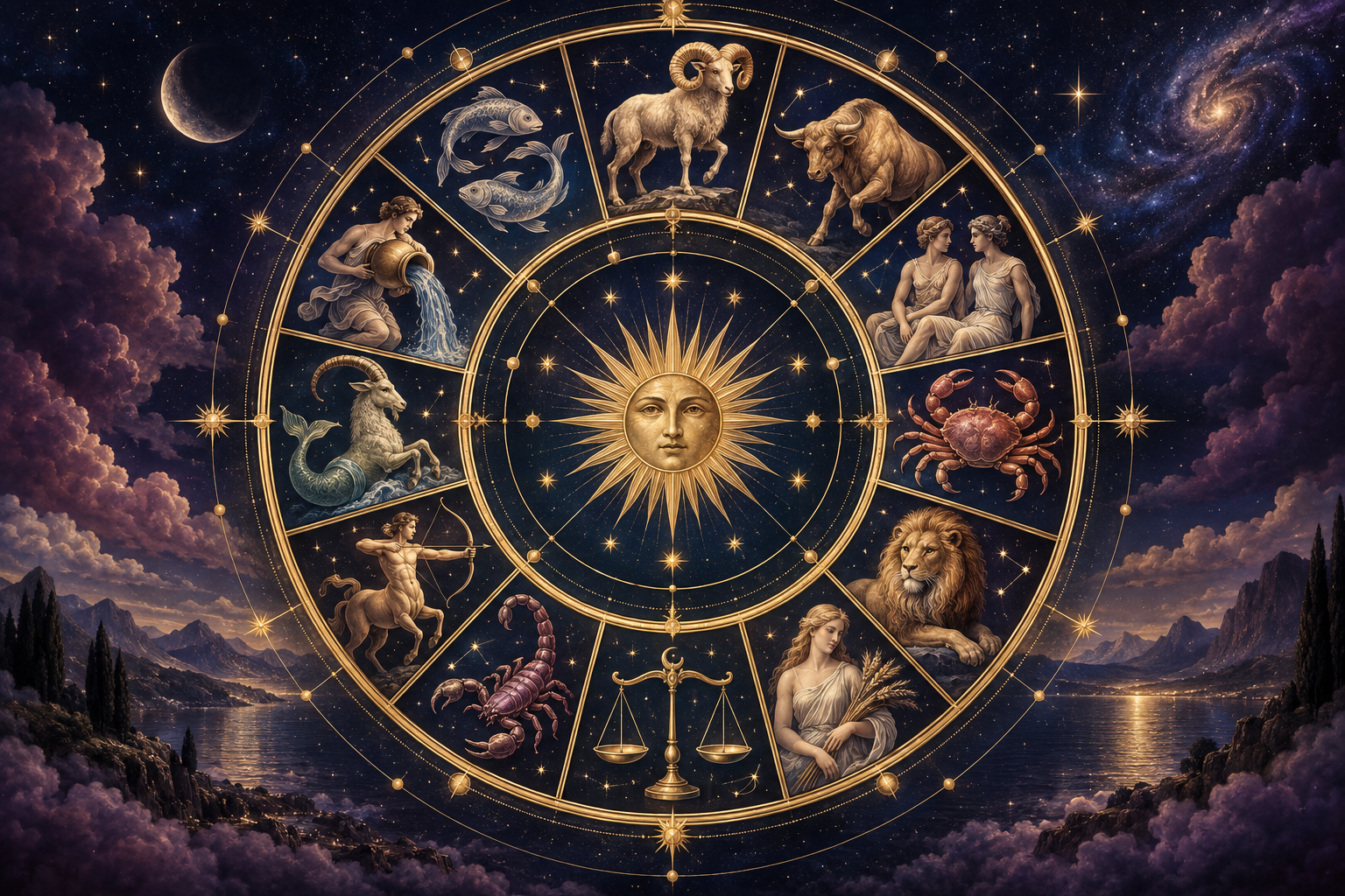 Roue céleste illustrant les douze signes astrologiques autour d’un soleil doré