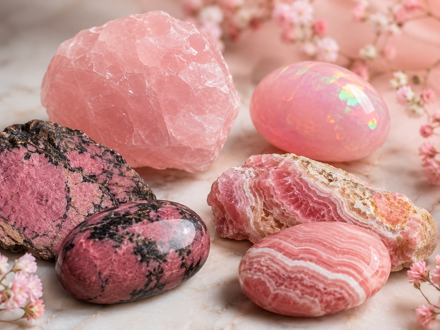 Quartz rose, opale rose, rhodonite et rhodochrosite : guide comparatif