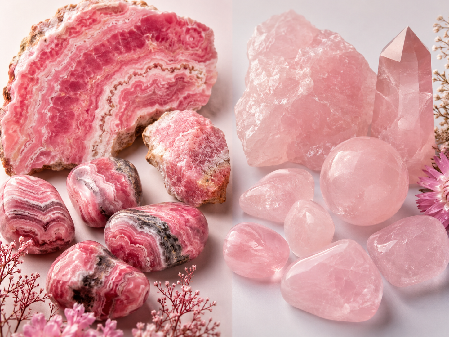 Rhodochrosite et quartz rose : comment les distinguer et les combiner ?