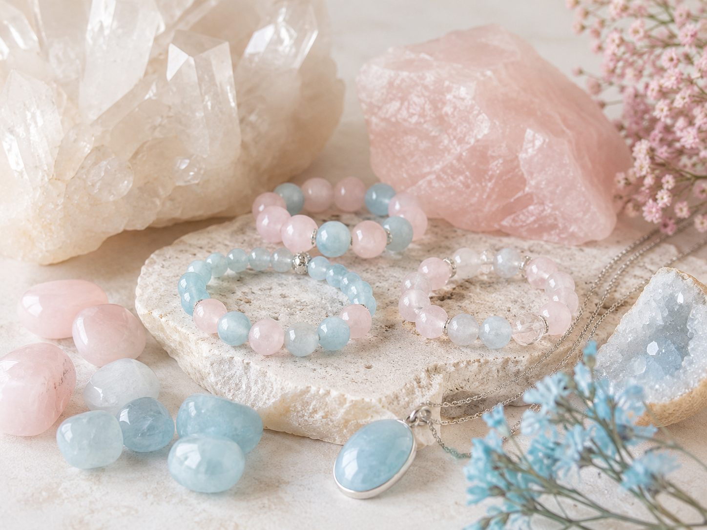 Aigue-marine et quartz rose : idées de compositions délicates