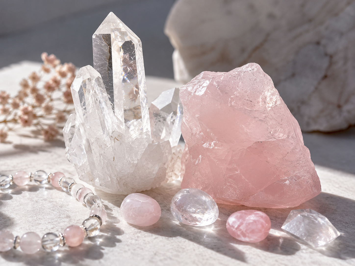 Cristal de roche et quartz rose : contraste, lumière et composition