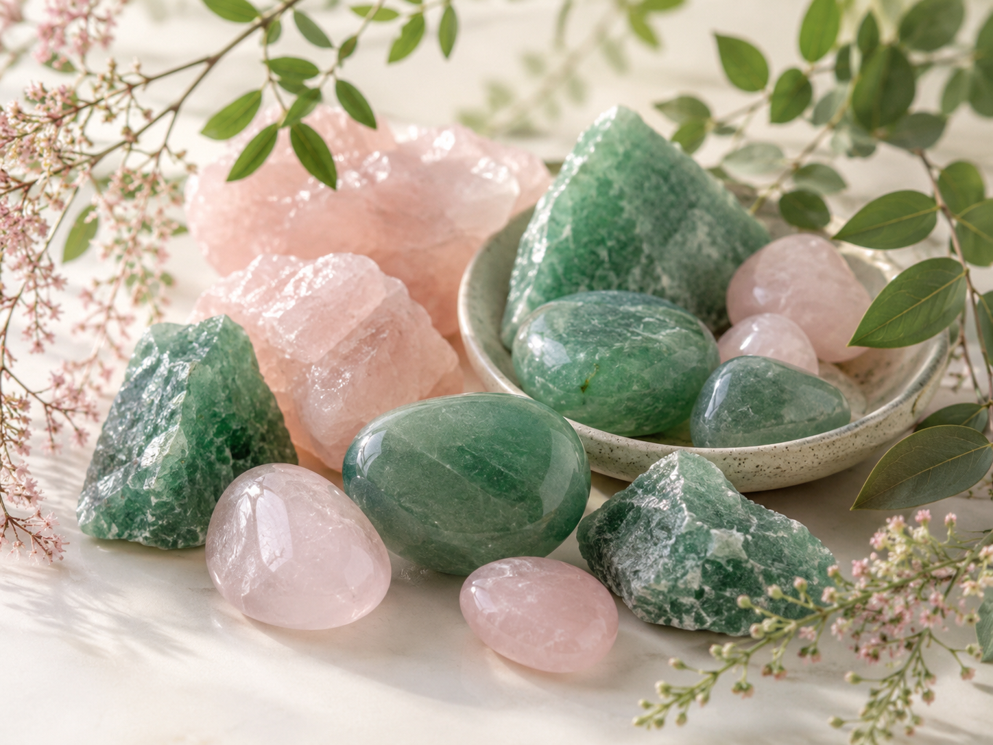 Aventurine verte et quartz rose : une palette végétale et tendre