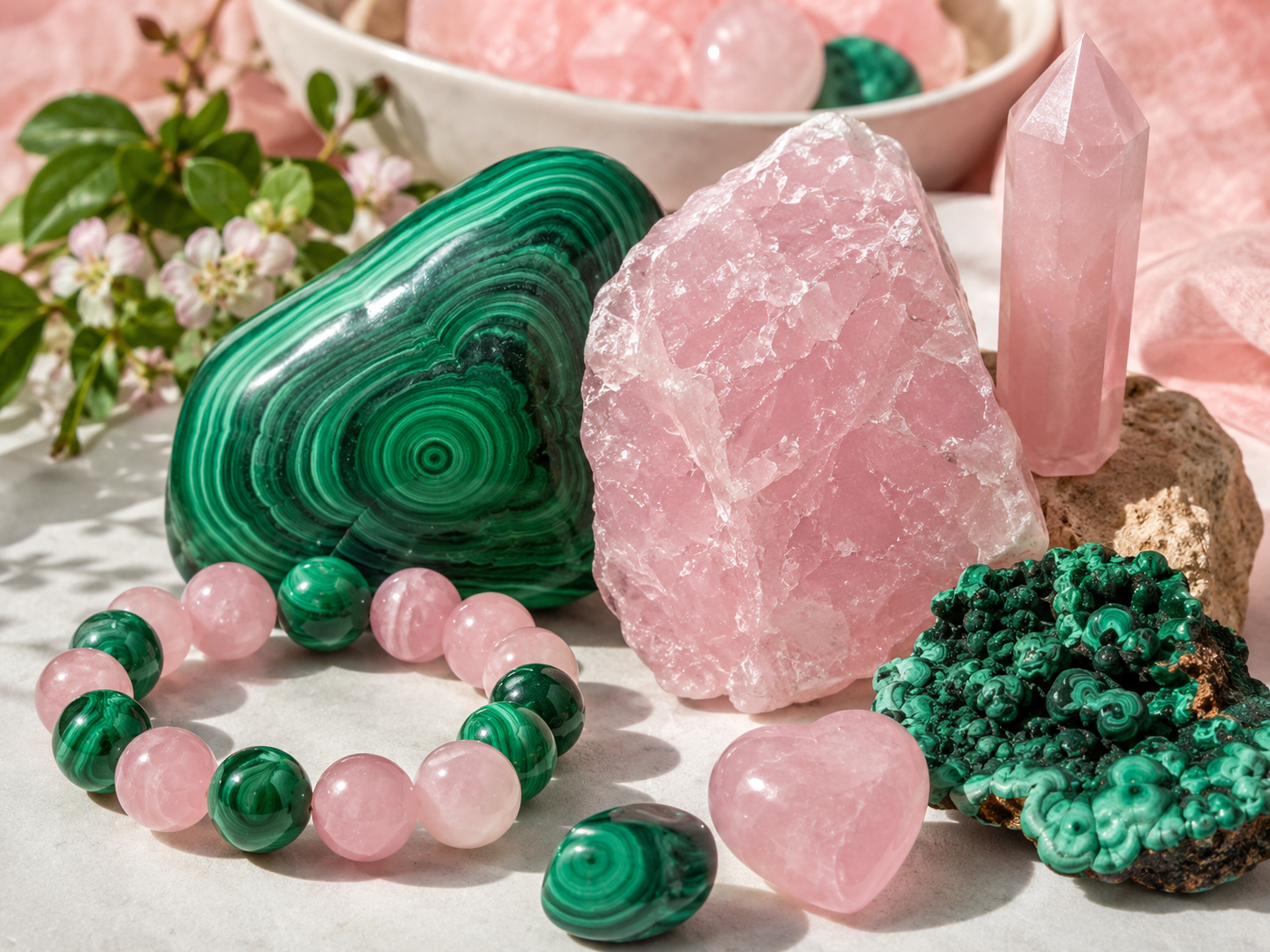 Malachite et quartz rose : réussir un contraste rose et vert