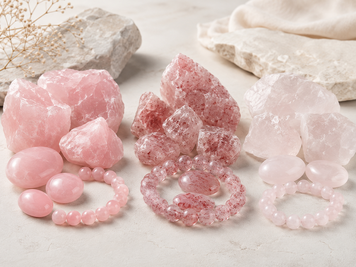 Quartz rose, quartz fraise et quartz rose pâle : comment les distinguer ?