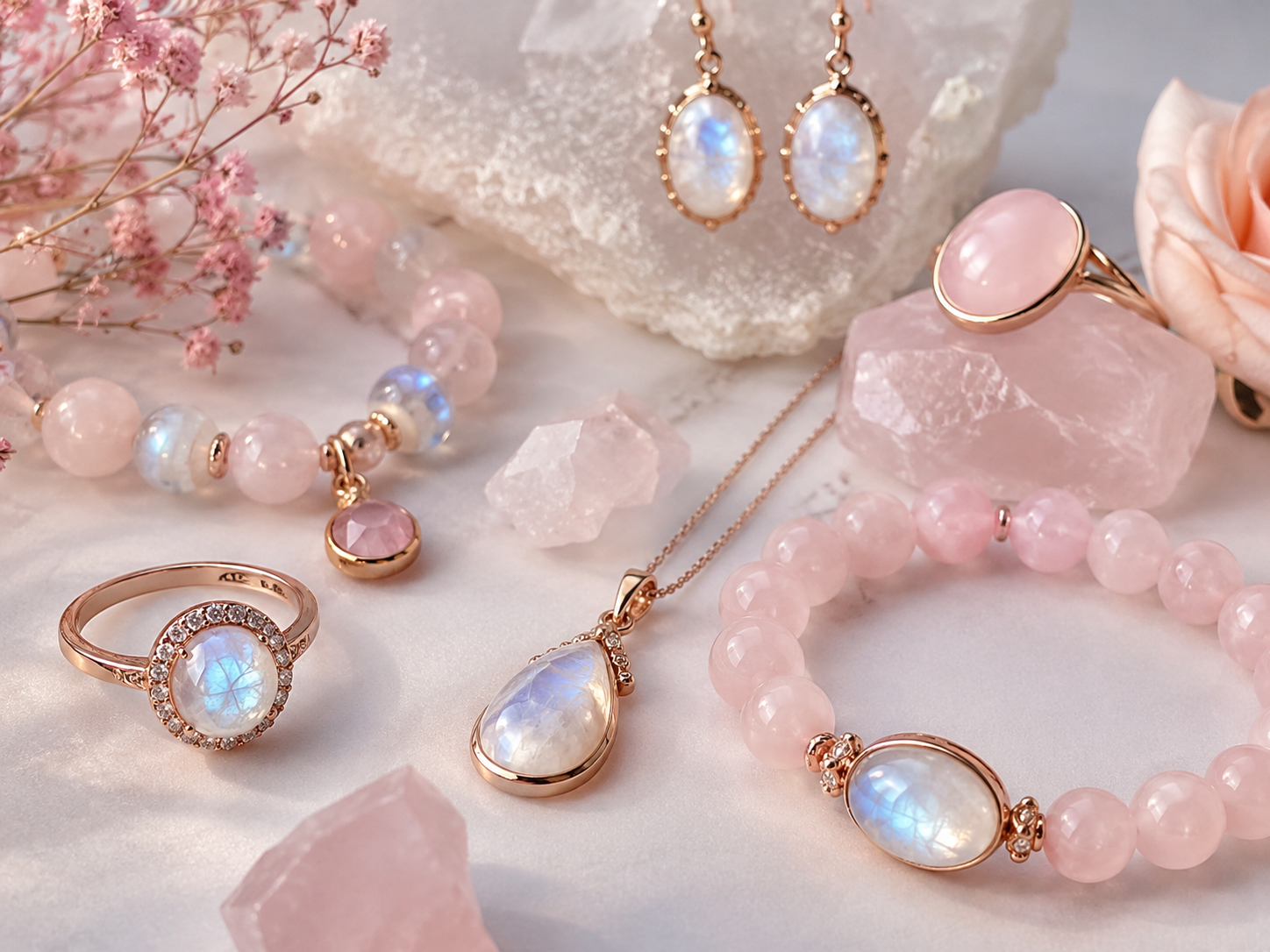 Pierre de lune et quartz rose : idées de bijoux et symbolique