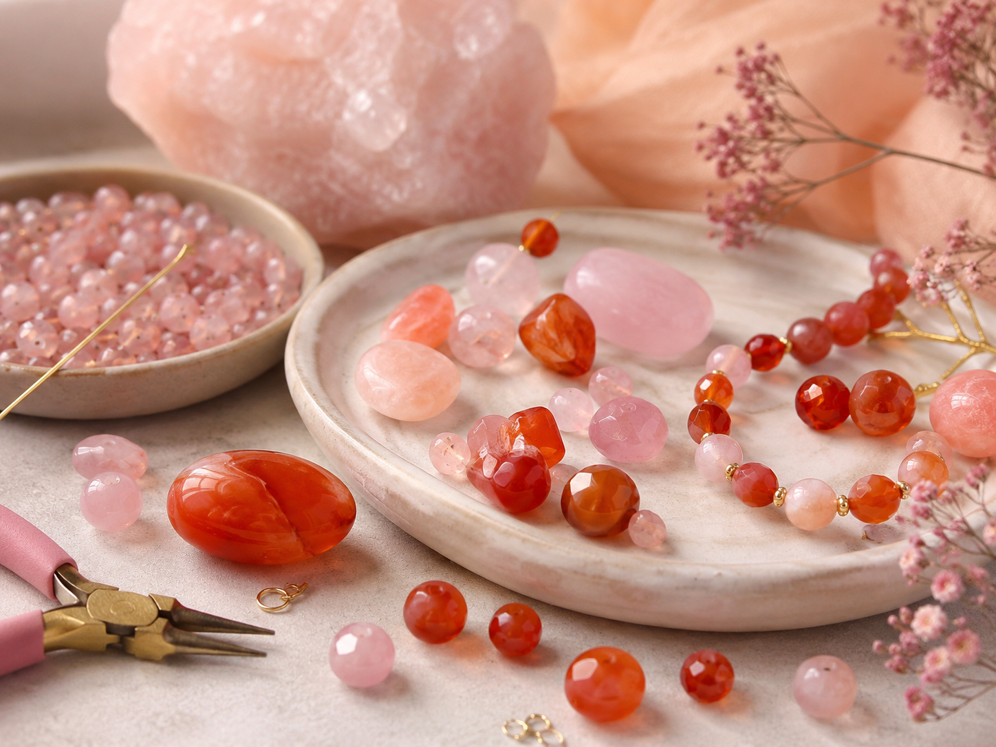 Cornaline et quartz rose : associer douceur et couleur vive