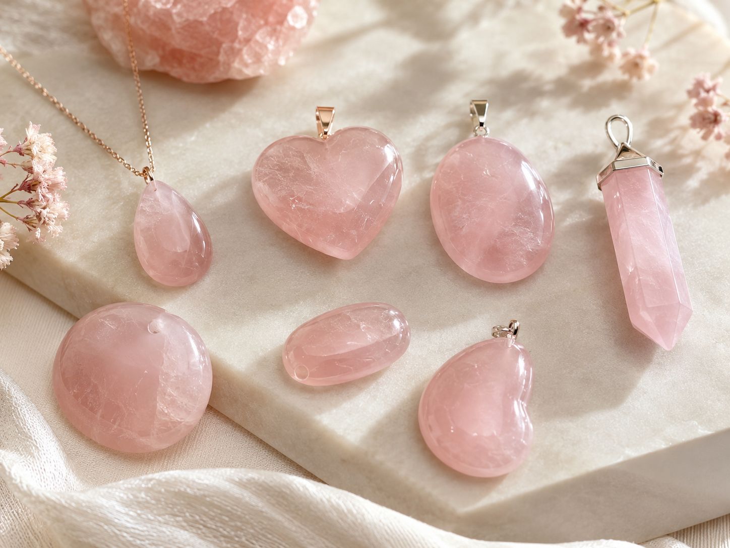 Pendentif en quartz rose : formes, perçage et qualité