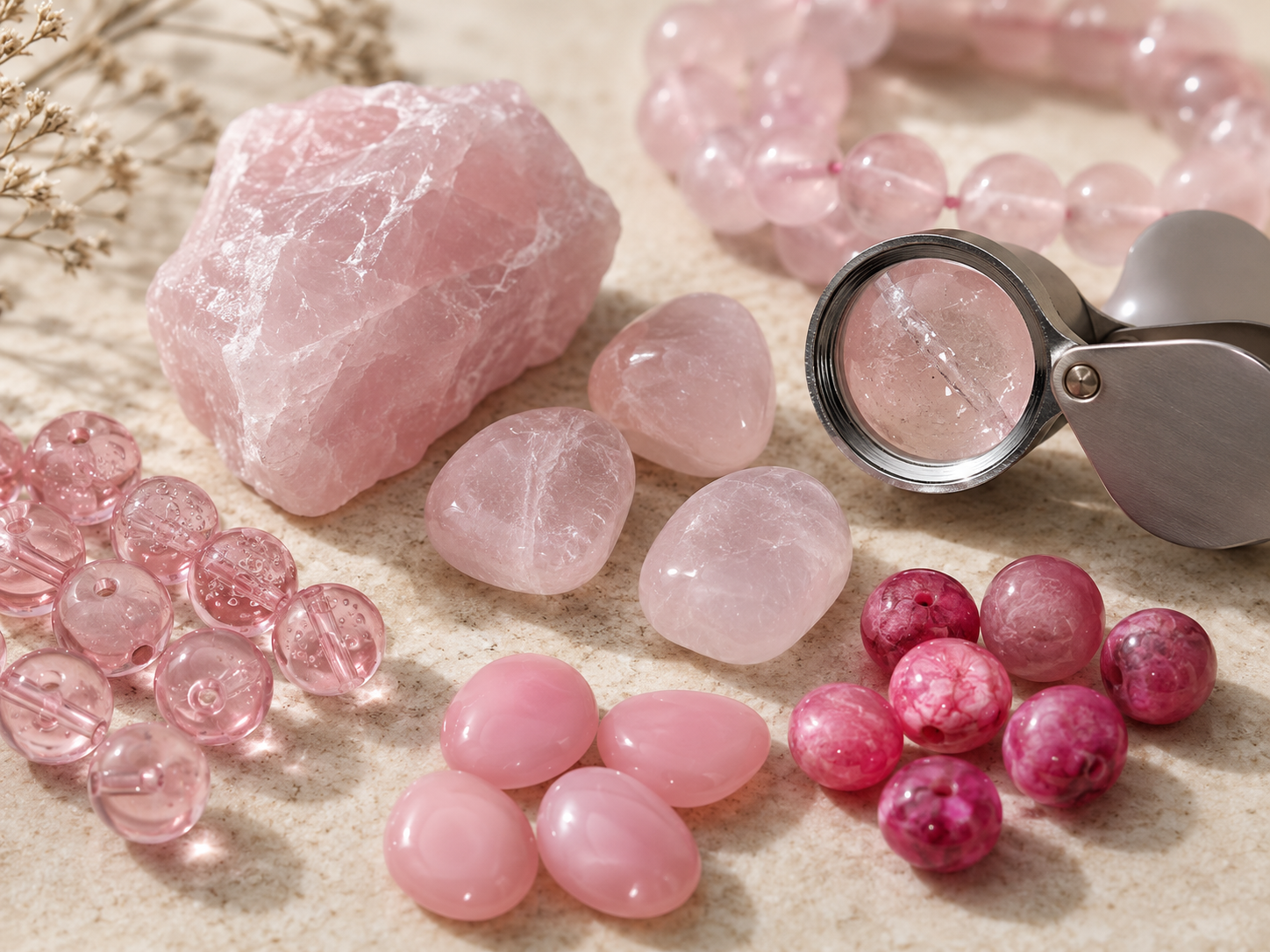 Faux quartz rose : verre, résine, pierre teintée et autres imitations