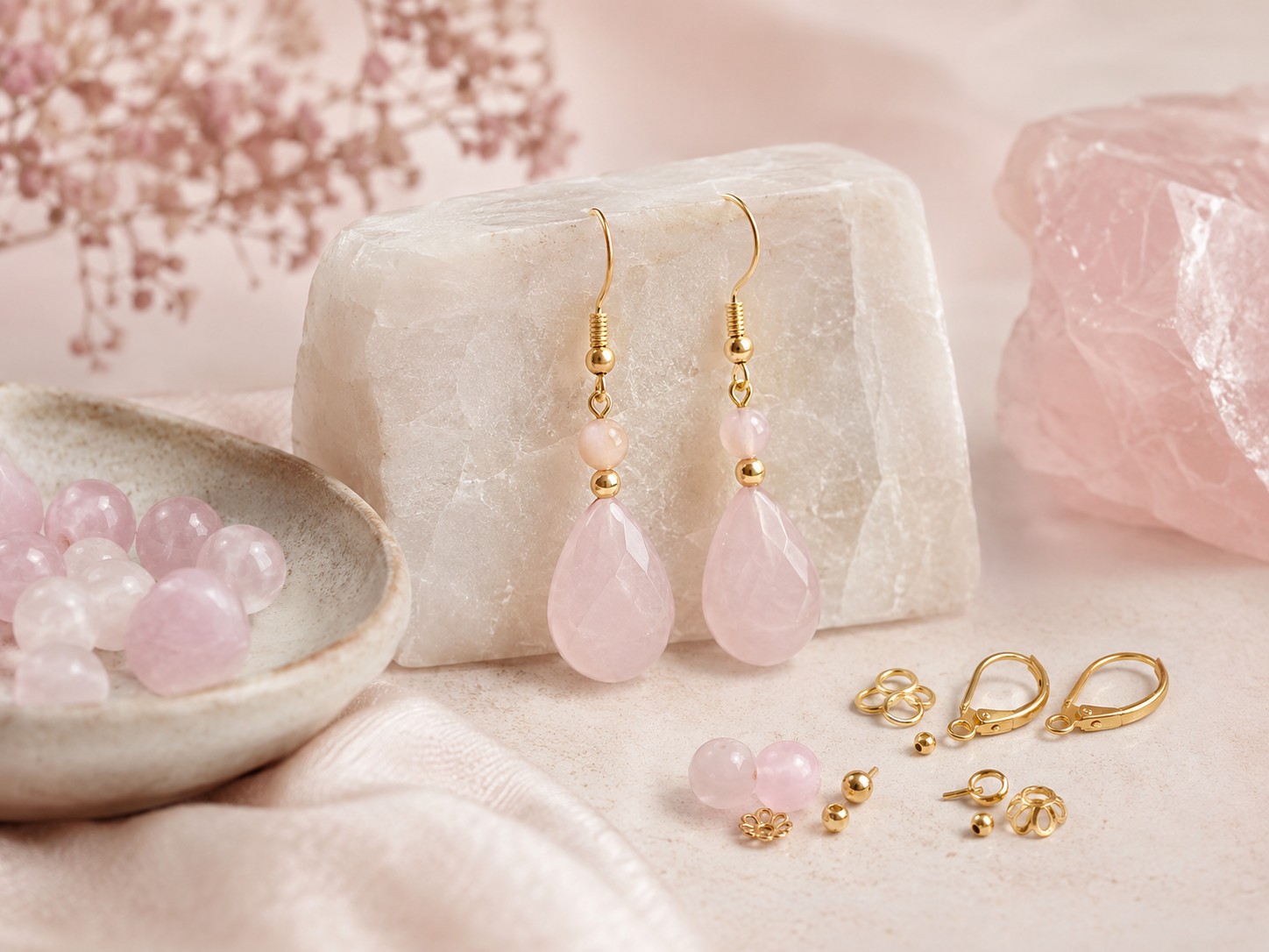 Boucles d’oreilles en quartz rose : quelles perles et quels apprêts ?