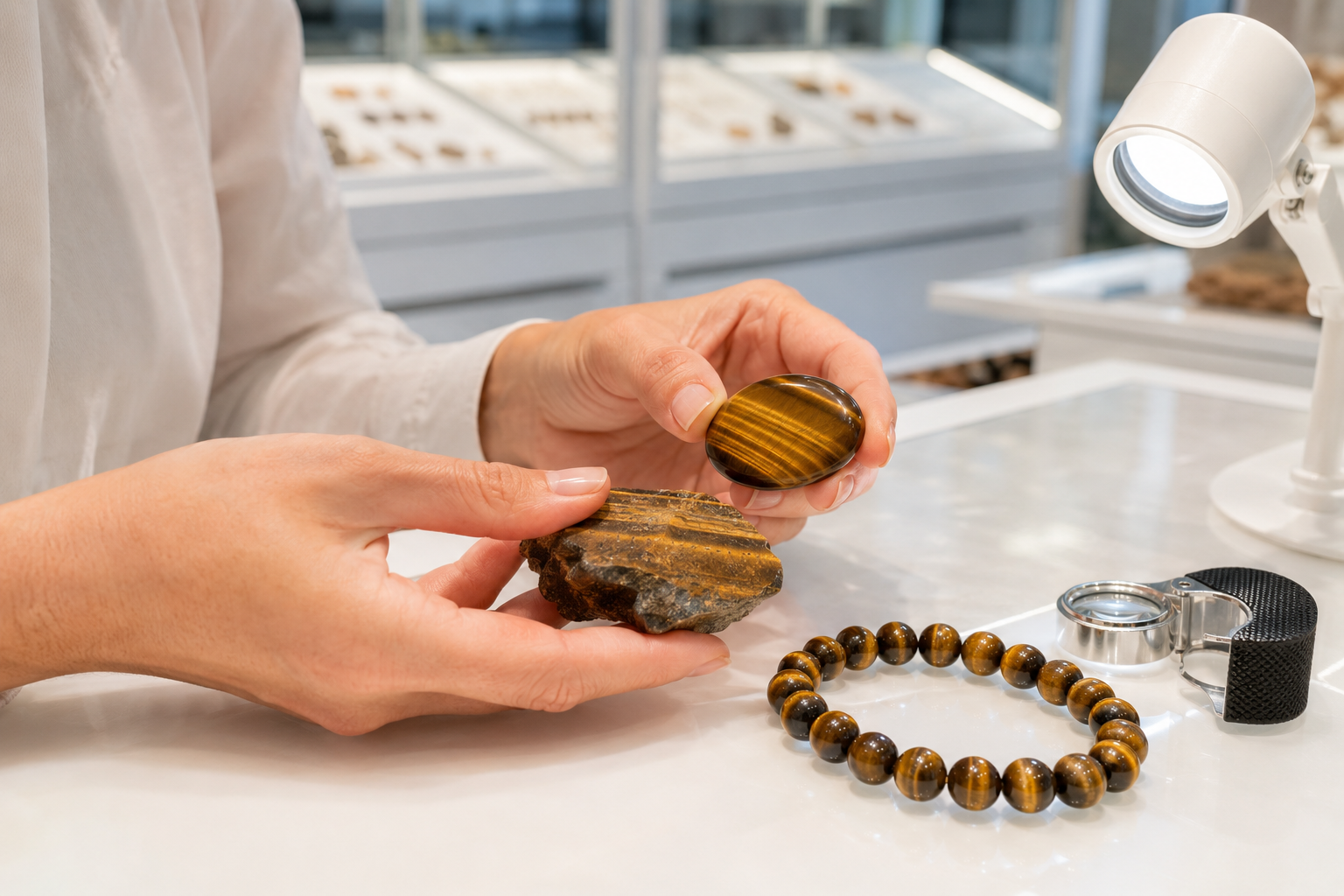 Acheteur comparant un cabochon, une pierre brute et un bracelet en œil de tigre