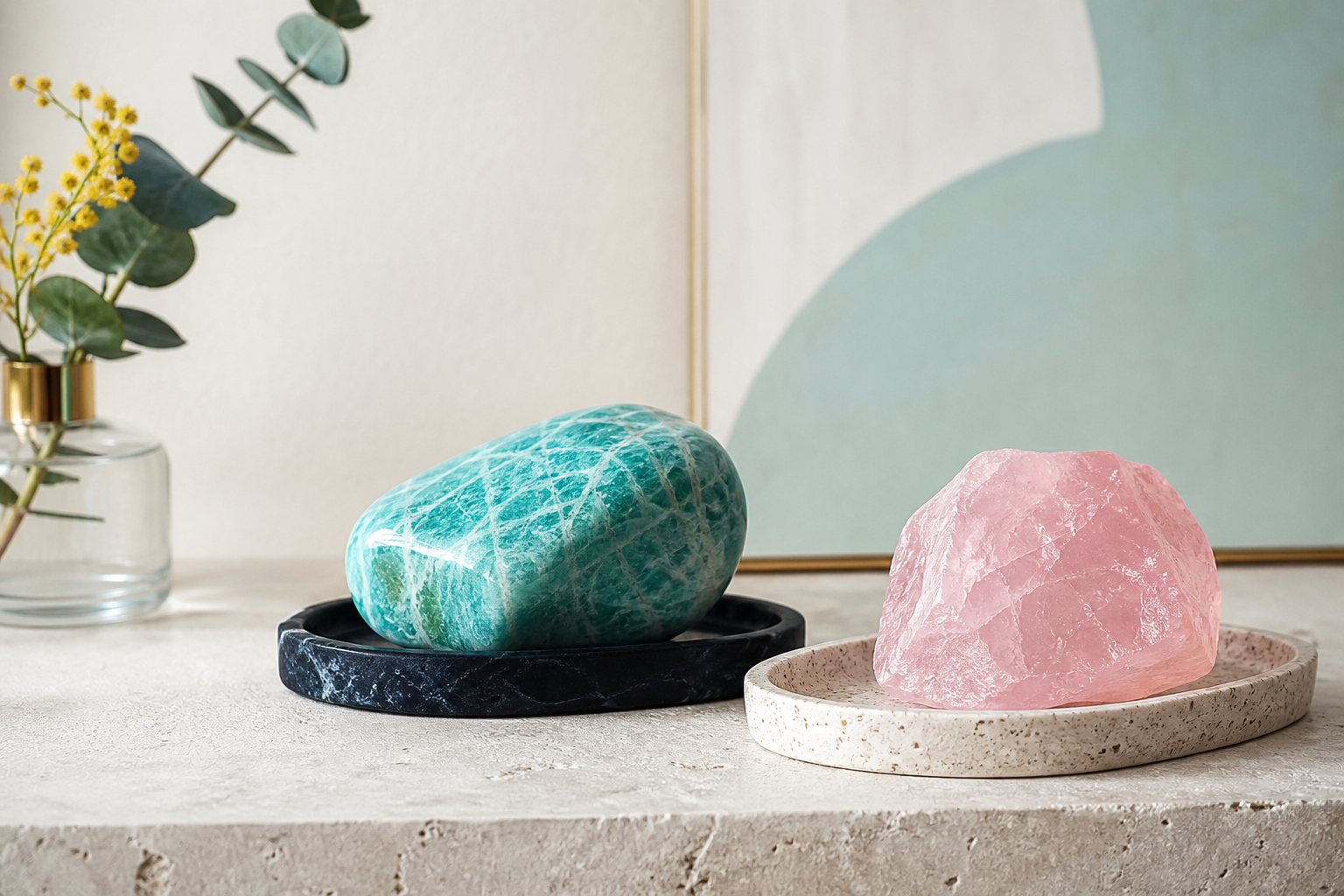 Amazonite et quartz rose composant une harmonie pastel