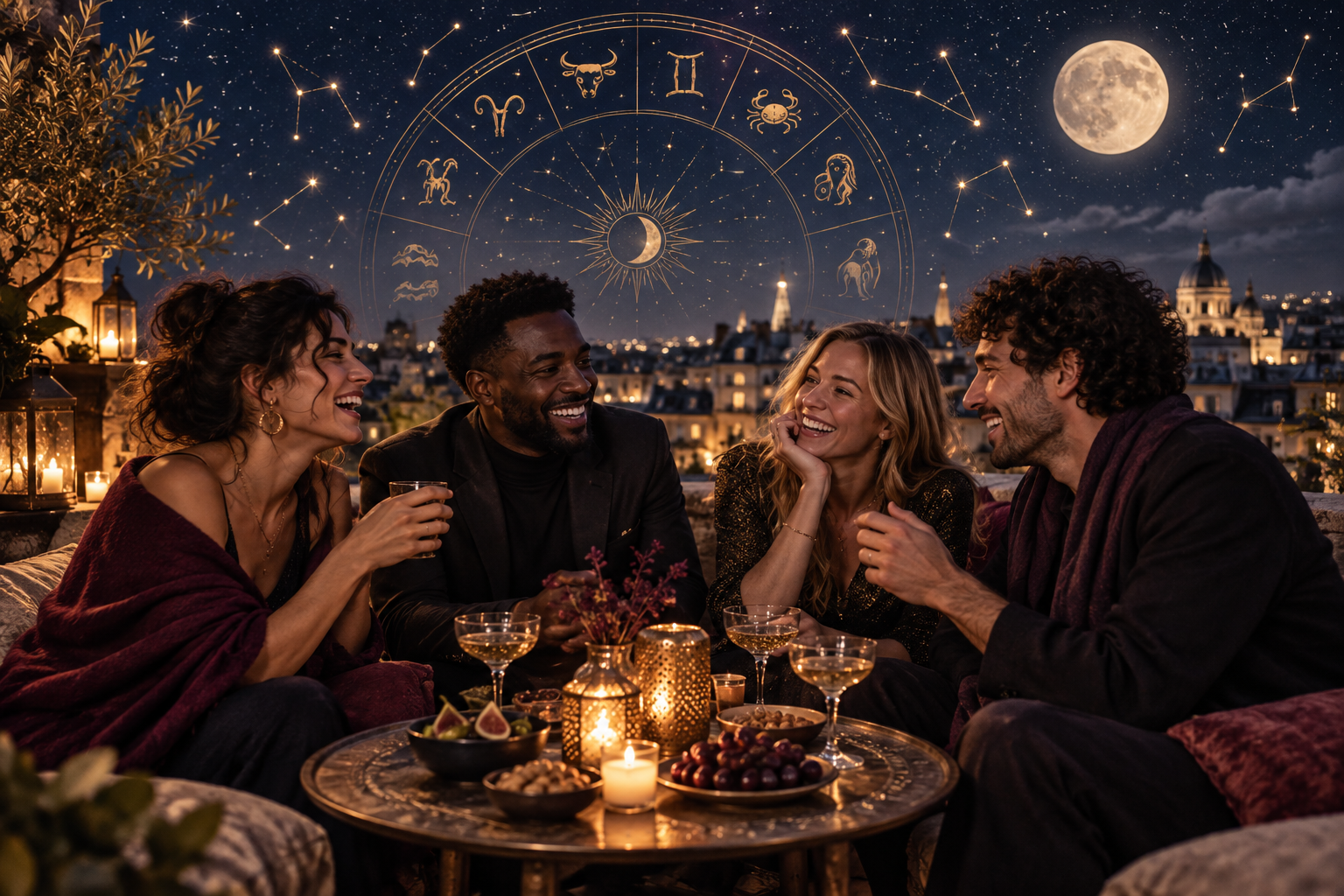 Groupe d’amis réuni sous une roue zodiacale dans un ciel étoilé