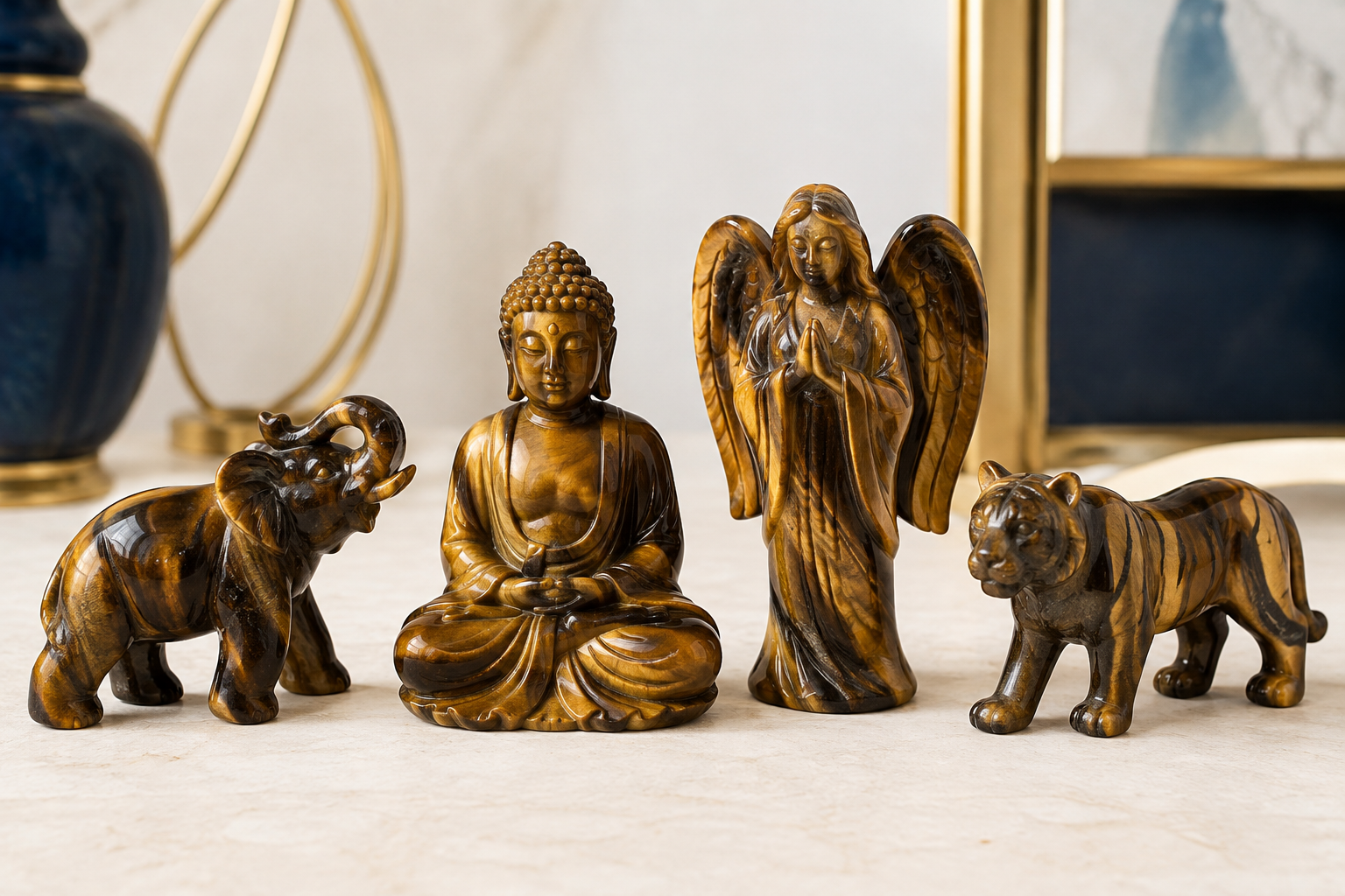 Ange, Bouddha et statuettes sculptés en œil de tigre