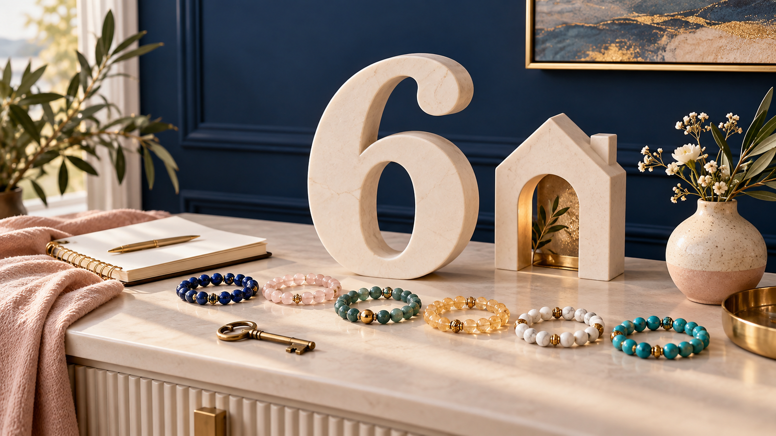 Nombre 6 auprès d’une maison, d’un carnet et de six bracelets