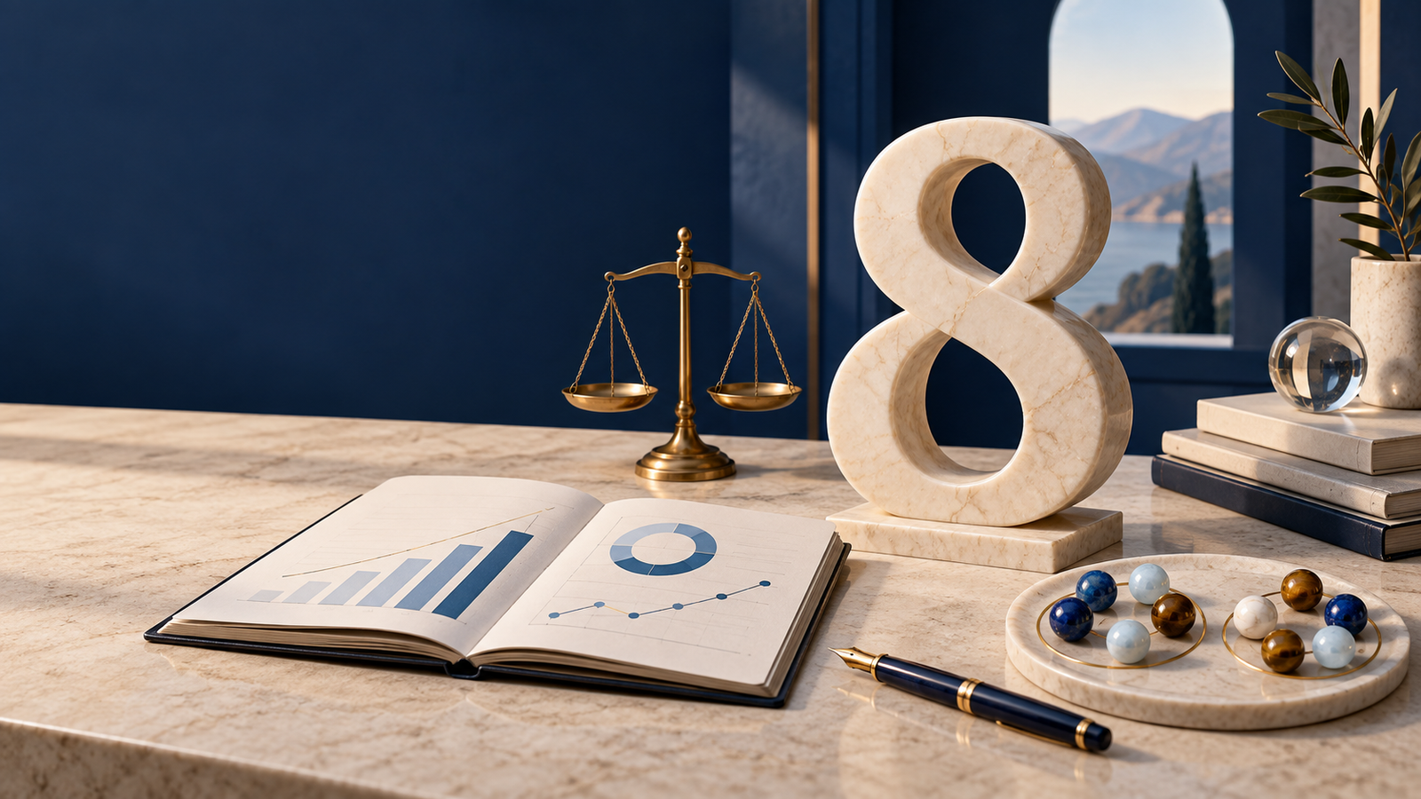 Nombre 8, balance et carnet de résultats dans une composition éditoriale
