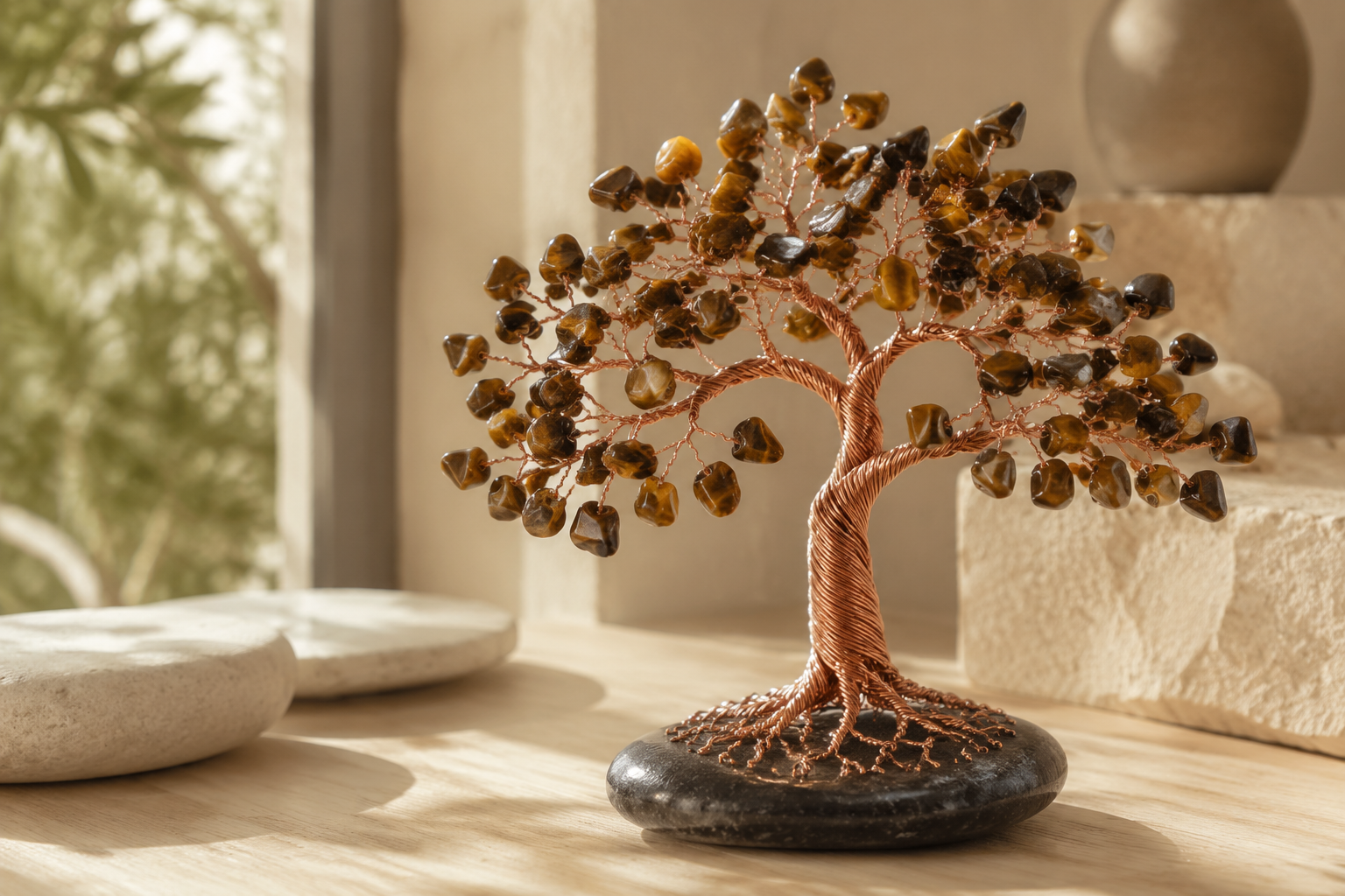 Arbre de vie décoratif en fil cuivré et pierres d’œil de tigre