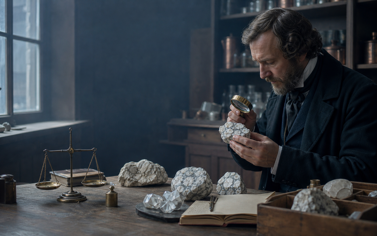 Naturaliste du XIXe siècle étudiant des nodules de howlite