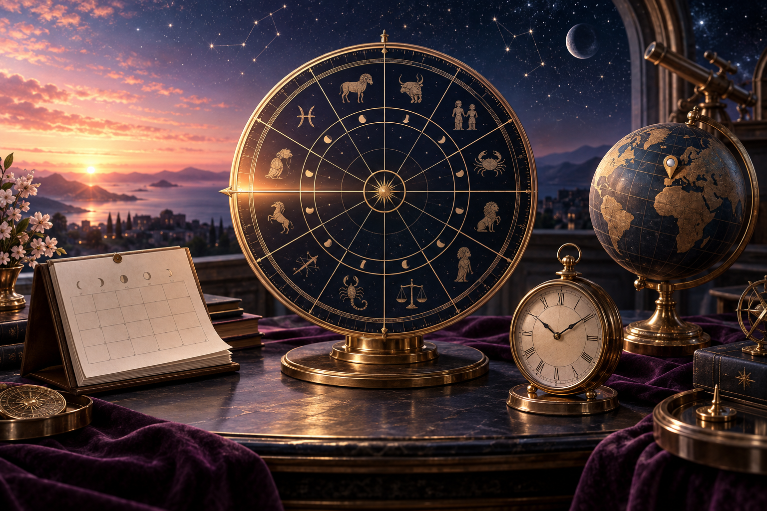 Carte du ciel avec calendrier, horloge et globe représentant le calcul de l’ascendant