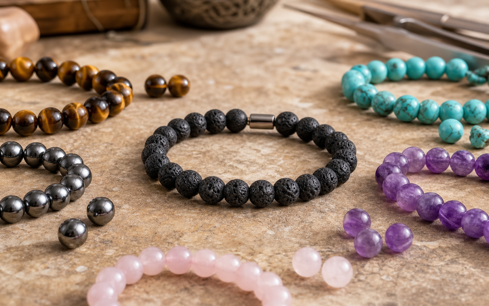 Bracelet en pierre de lave entouré de plusieurs pierres naturelles à associer