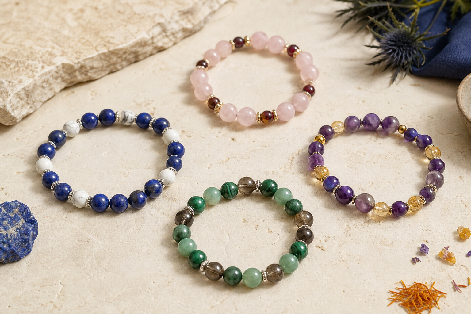 Quatre bracelets en perles naturelles composés dans des palettes harmonieuses