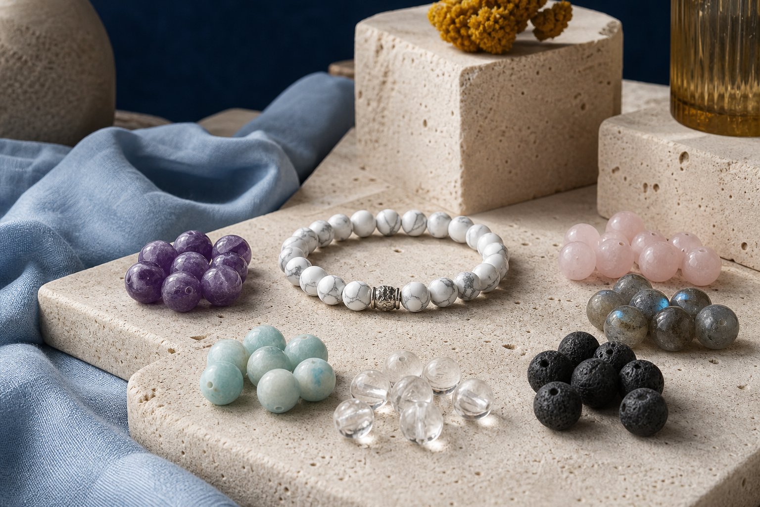 Howlite blanche associée à plusieurs pierres naturelles dans une composition de bijoux