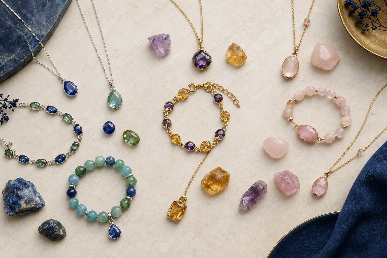 Bijoux en pierres naturelles organisés selon trois harmonies de couleurs