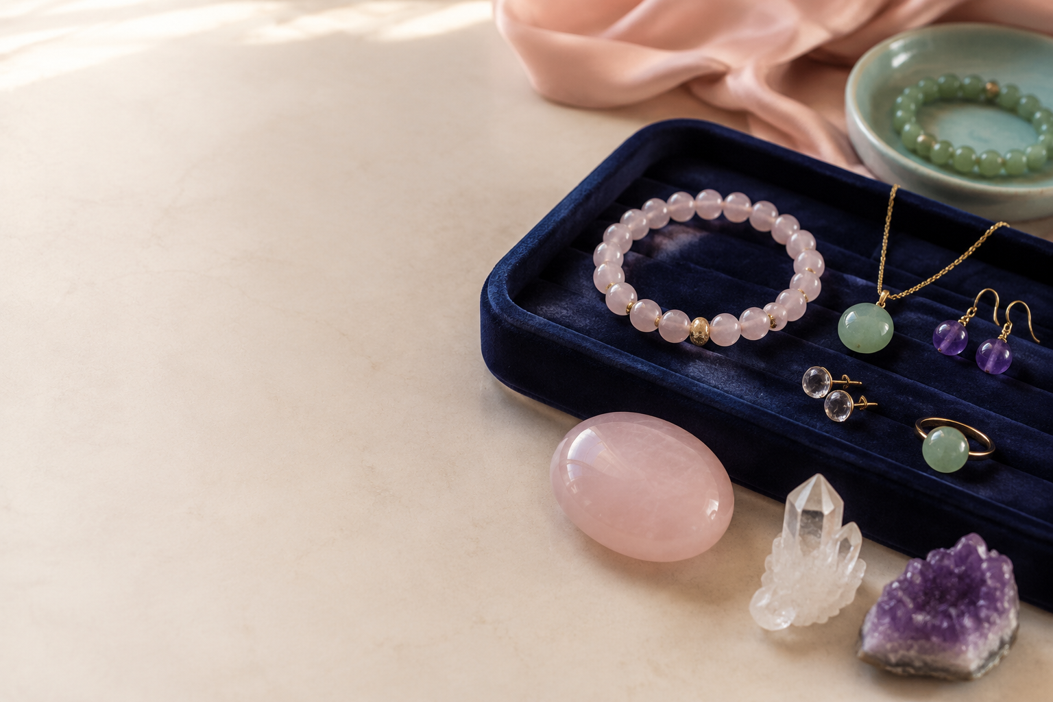 Bracelet en quartz rose associé à l’améthyste au cristal de roche et à l’aventurine