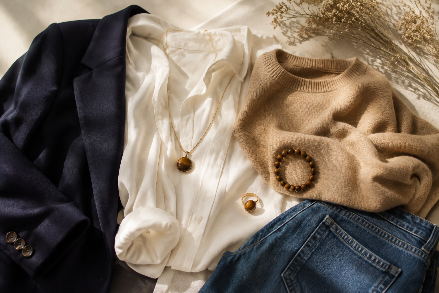 Bijoux en œil de tigre assortis à une garde-robe crème, camel, denim et bleu marine