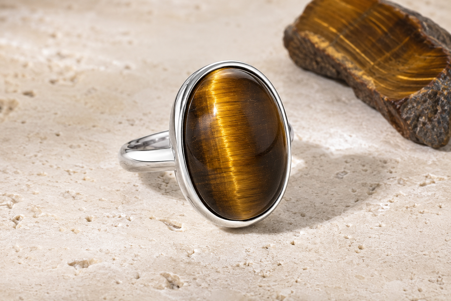 Bague en œil de tigre avec cabochon ovale et sertissage clos