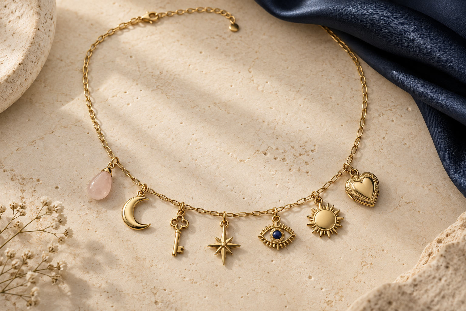 Collier personnalisé composé de charms symboliques et d’un pendentif en quartz rose