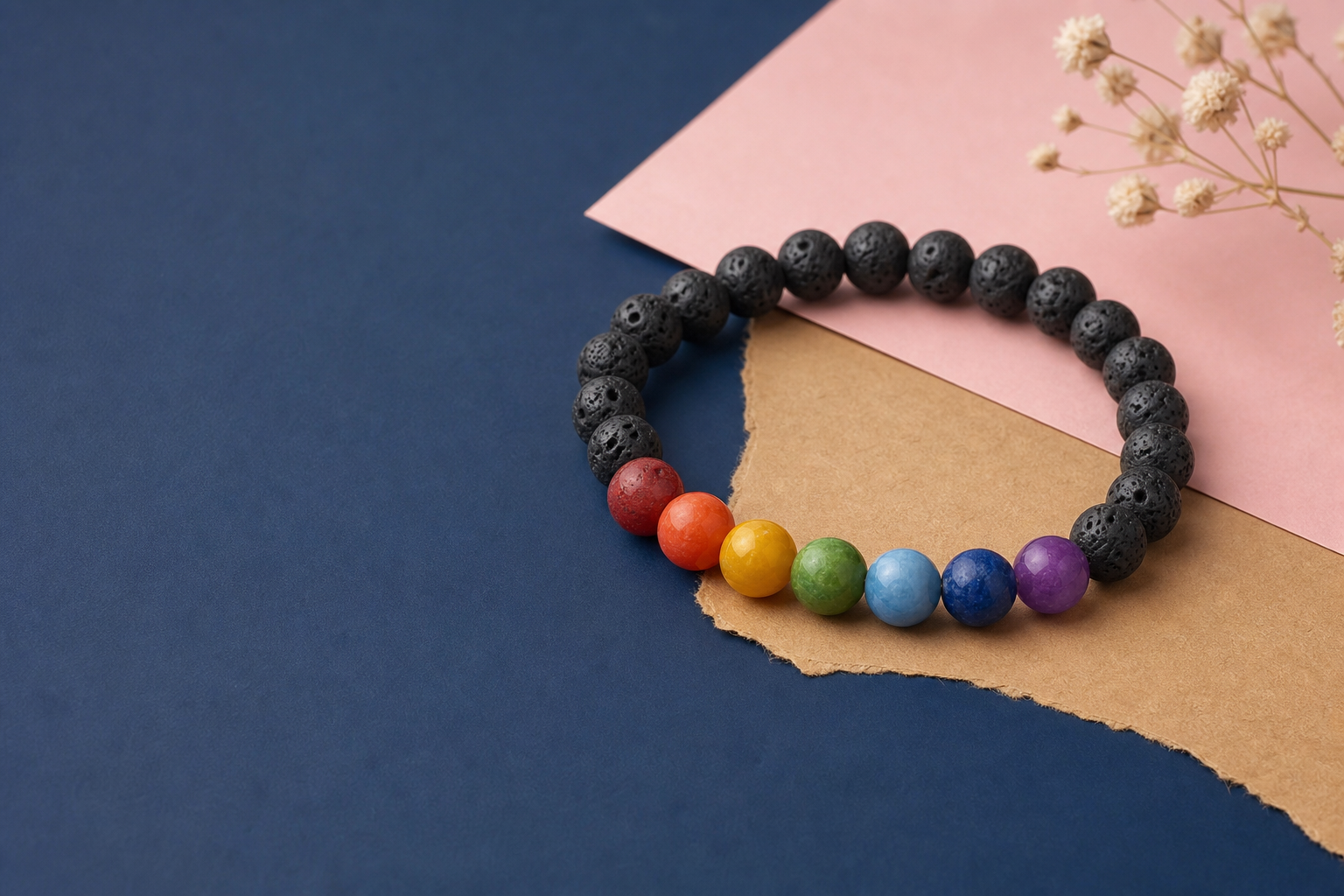Bracelet en pierre de lave noire avec sept perles colorées représentant les chakras