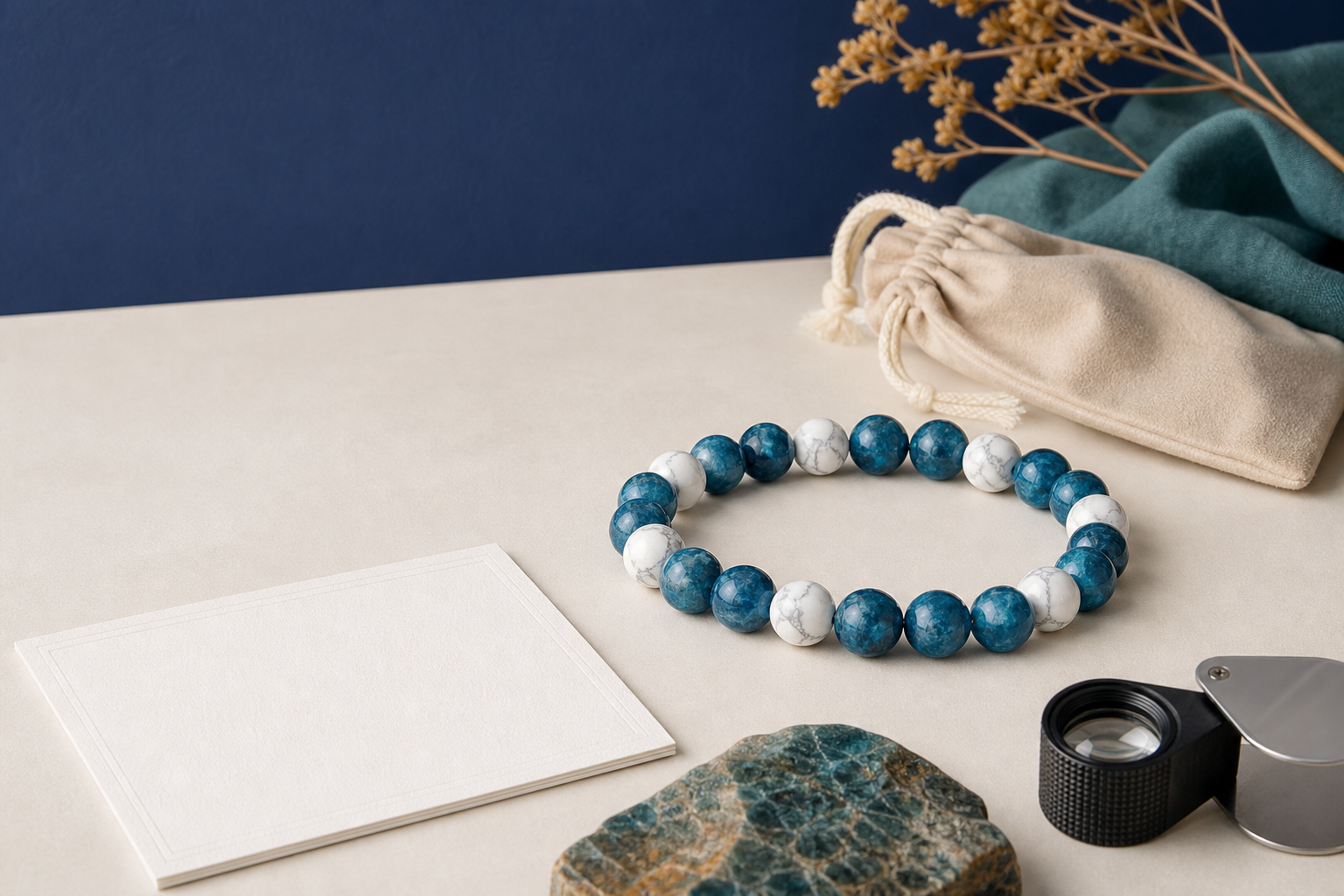 Bracelet en apatite bleue et howlite blanche présenté comme bijou