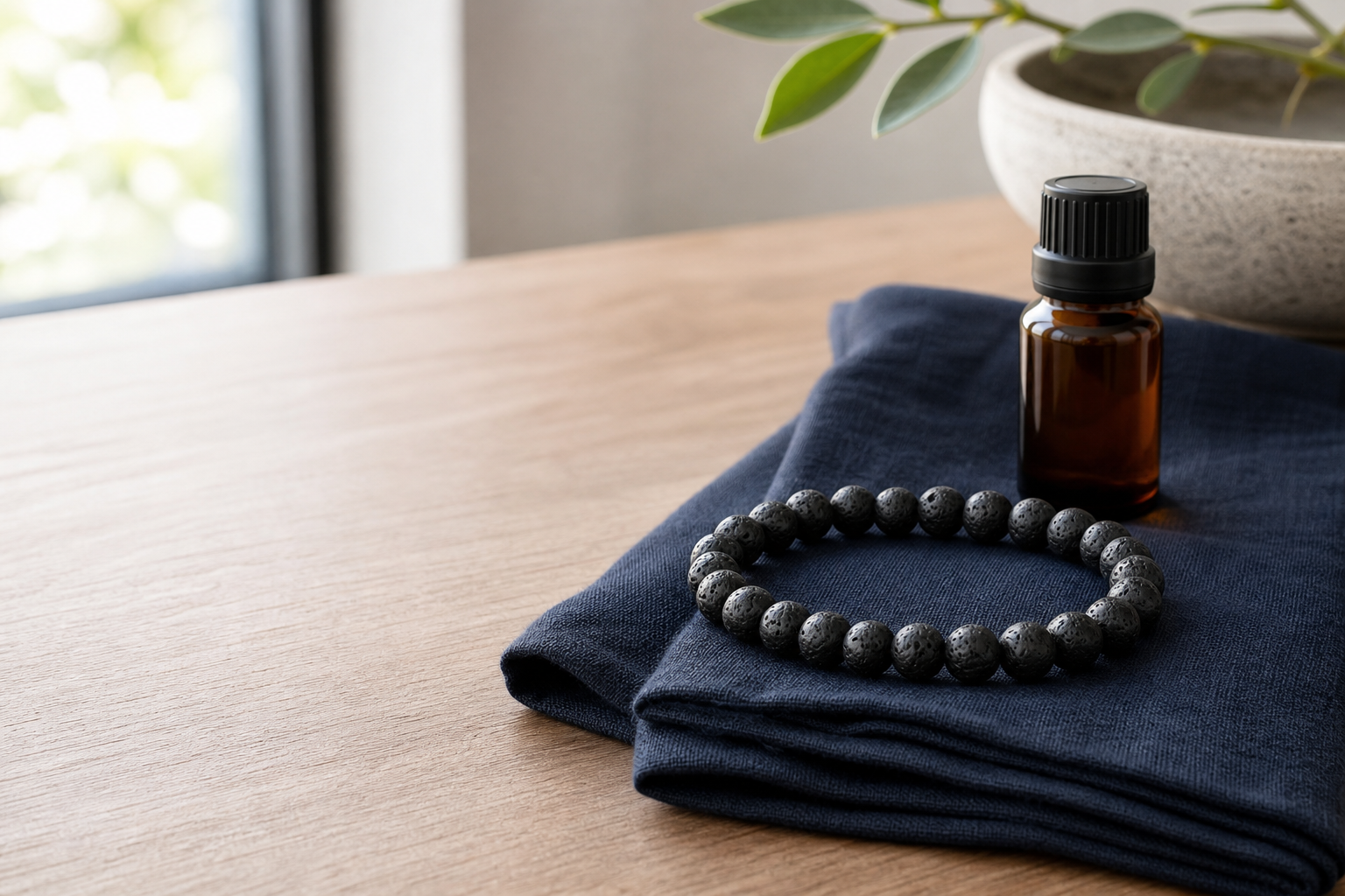Bracelet diffuseur en pierre de lave noire avec flacon d’huile essentielle fermé