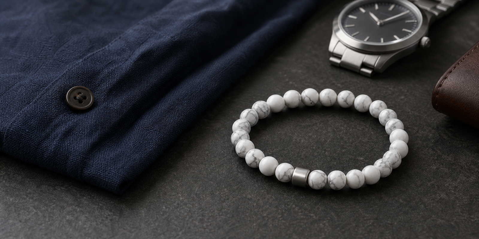 Bracelet homme en howlite avec montre acier et tenue bleu marine